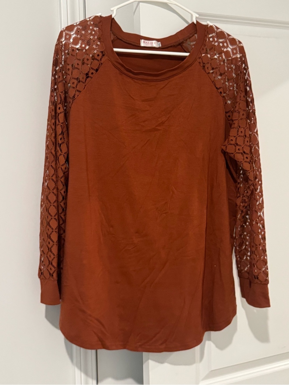 Alife Women's Crochet Lace Raglan Long Sleeve Top - Rust